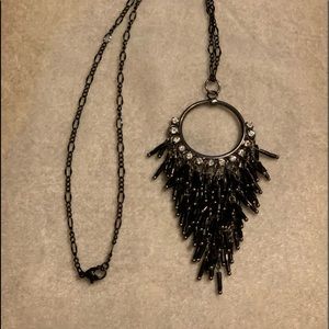 Gun Metal Crystal Black Tassel Pendant & Necklace